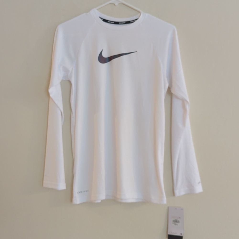 NWT Nike Girls Swim White Long Sleeve Shirt Rash Guard UPF 40+ - Size XL